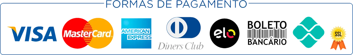 Formas de pagamento aceitas: Visa, Mastercard, American Express, Diners Club, Elo, Boleto, Pix e SSL